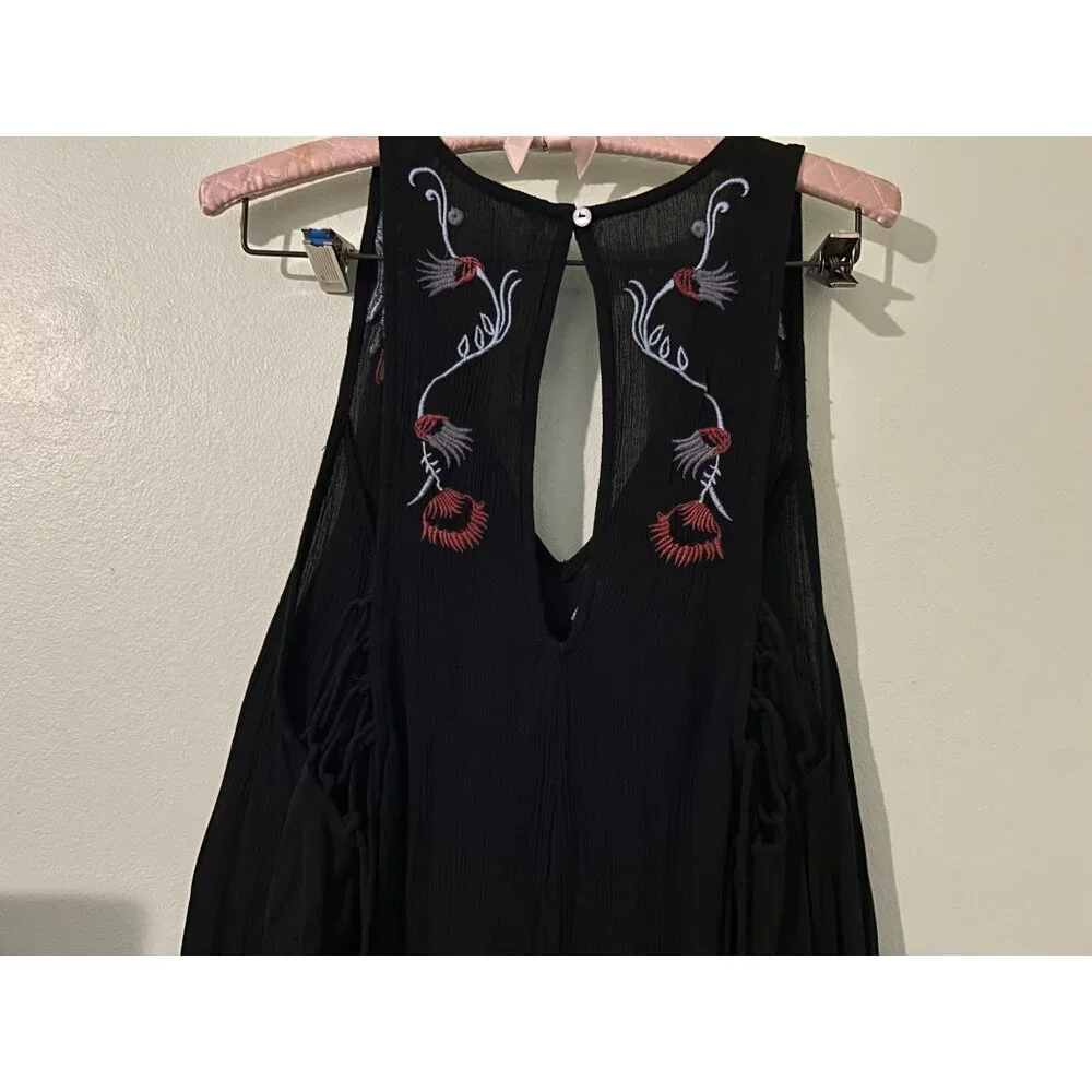 Intimately Free People Black Embroidered Boho Tassel Tunic Dress Sleeveless Keyh - Picture 13 of 16